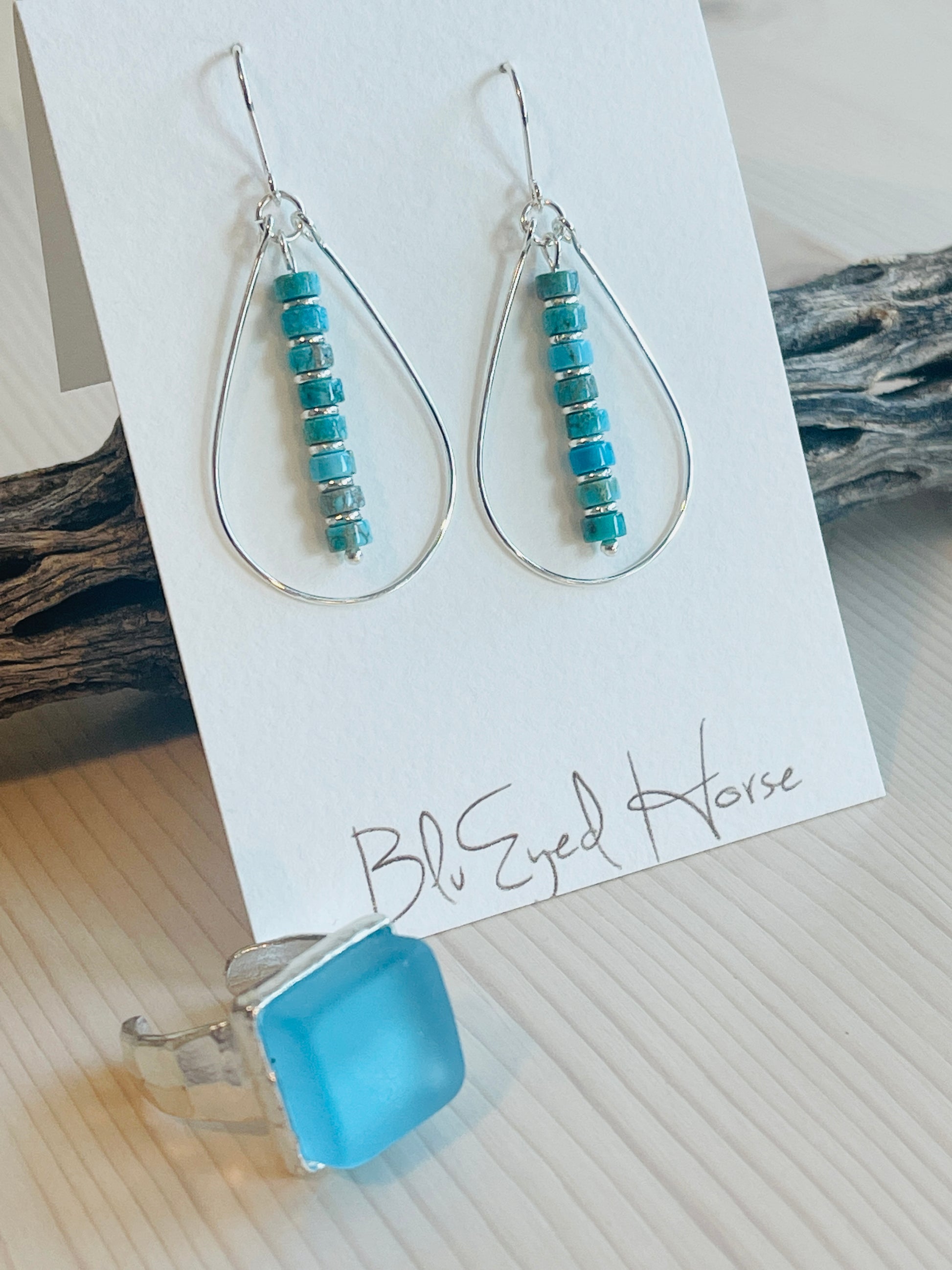 Silver Aqua Glass Ring and Aqua earrings Handmade in USA.