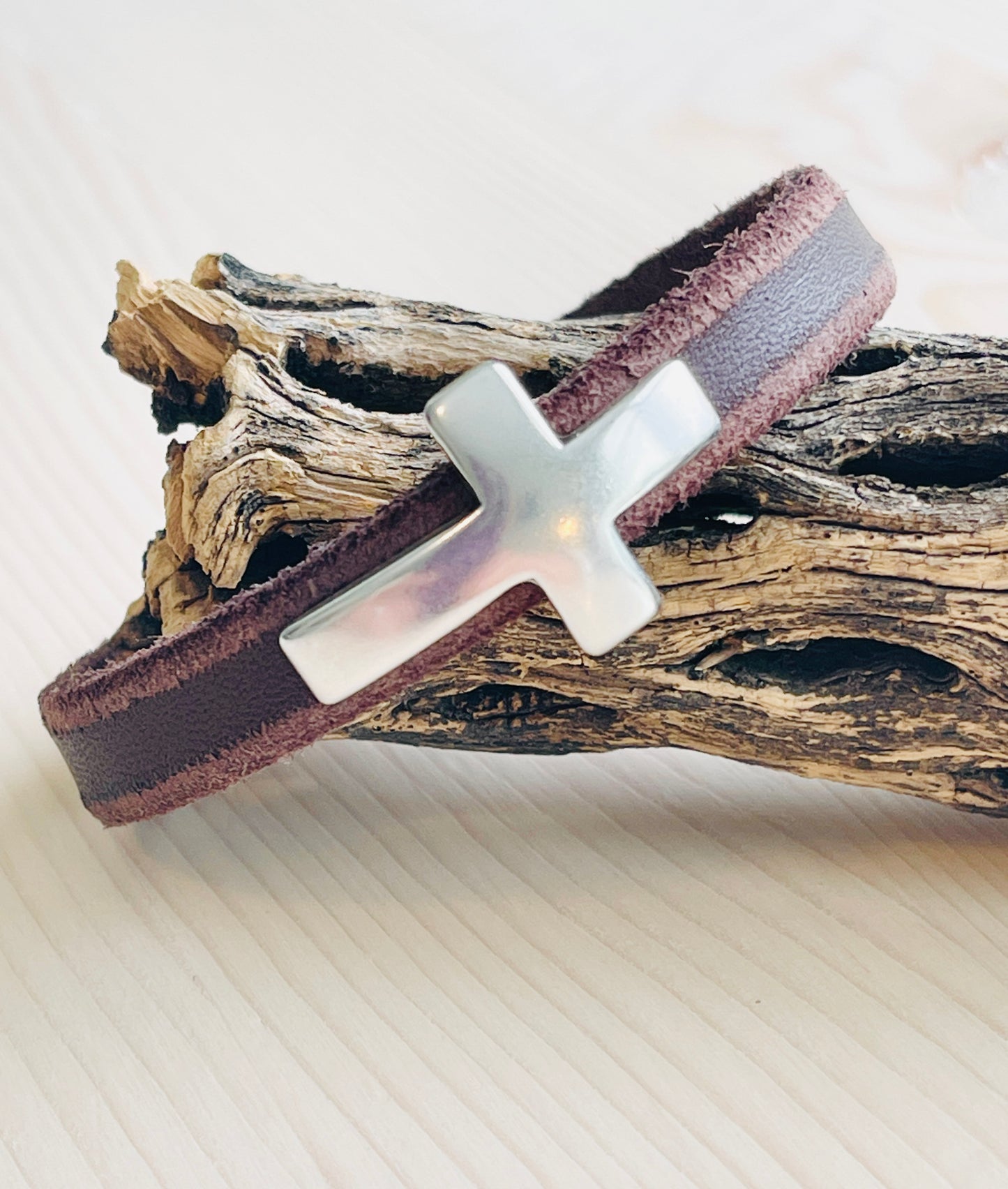 Silver Cross & Chocolate Leather Bracelet