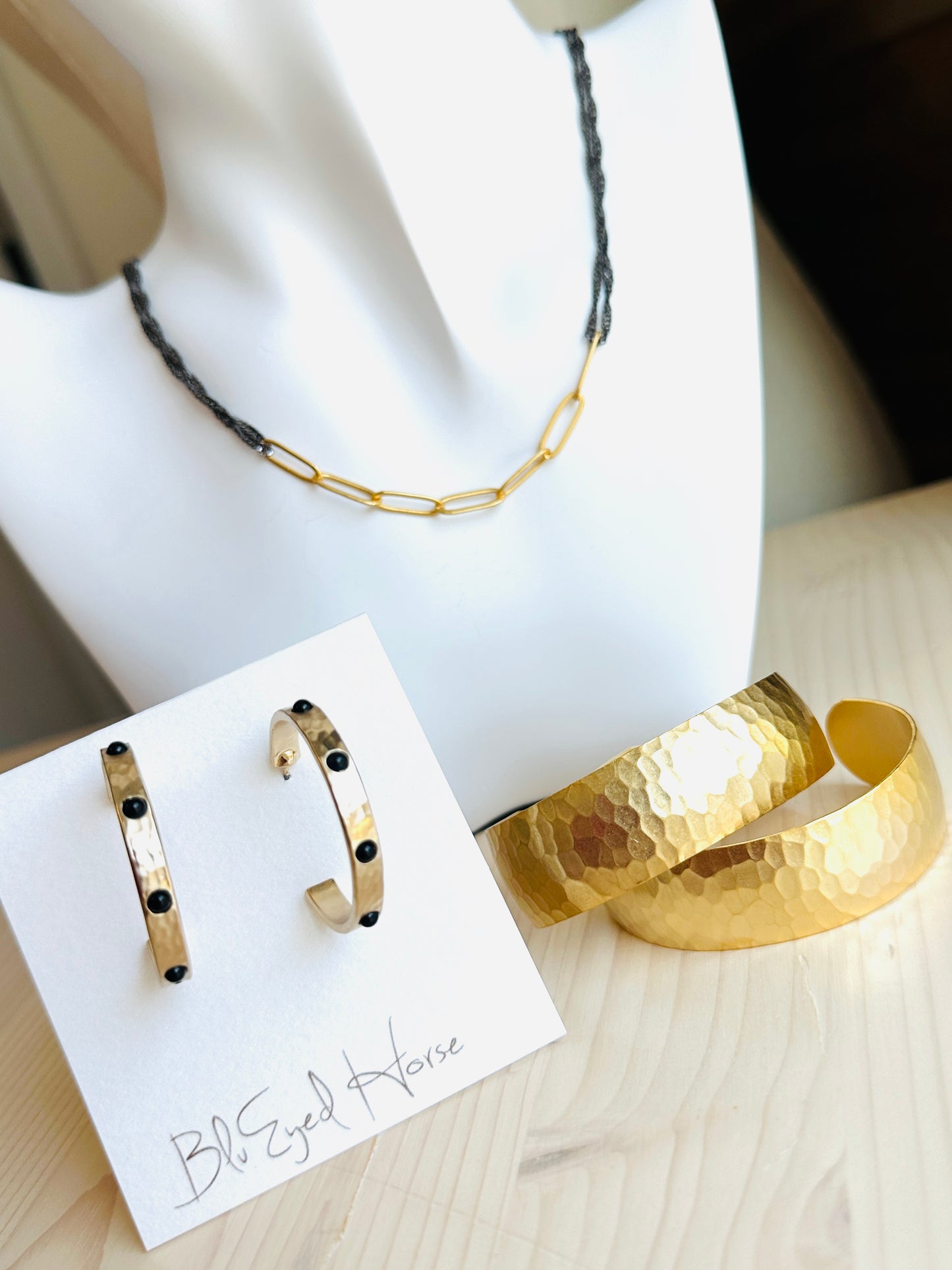 Hammered Gold & Black Stone Hoops