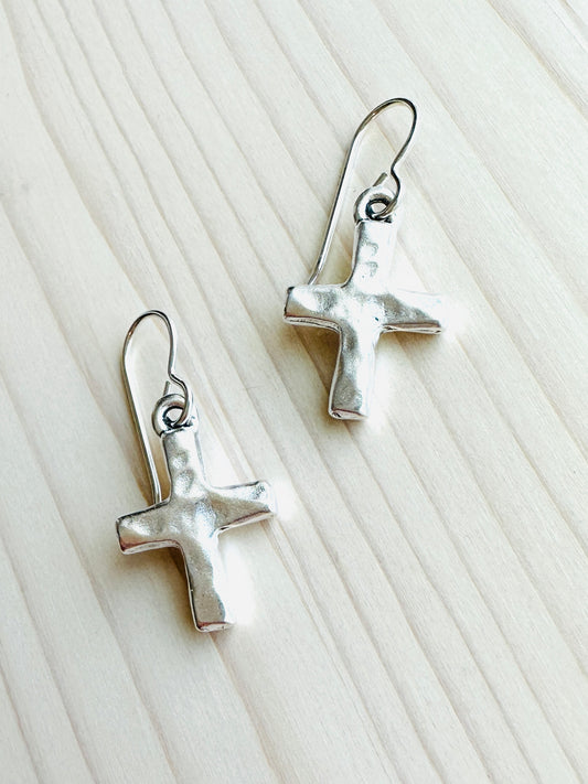 Small Hammered Cross Earrings- Silver