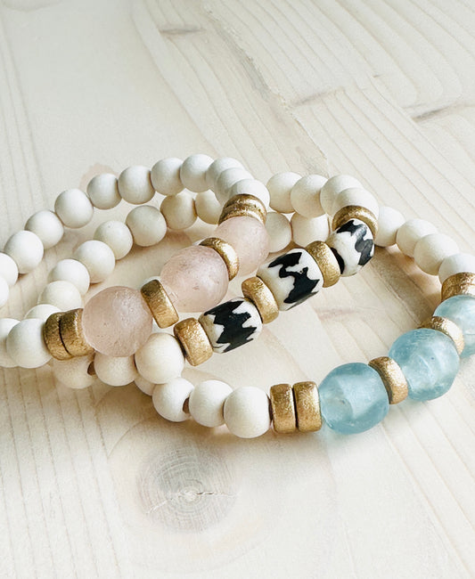 Blush, Ocean, and Zebra Batik Island Bracelets Handmade in the USA