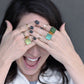 Woman wearing Gold Pastel Mosaic Glass Rings Handmade in the USA