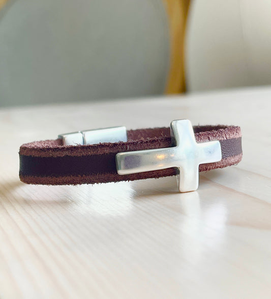 Silver Cross & Chocolate Leather Bracelet