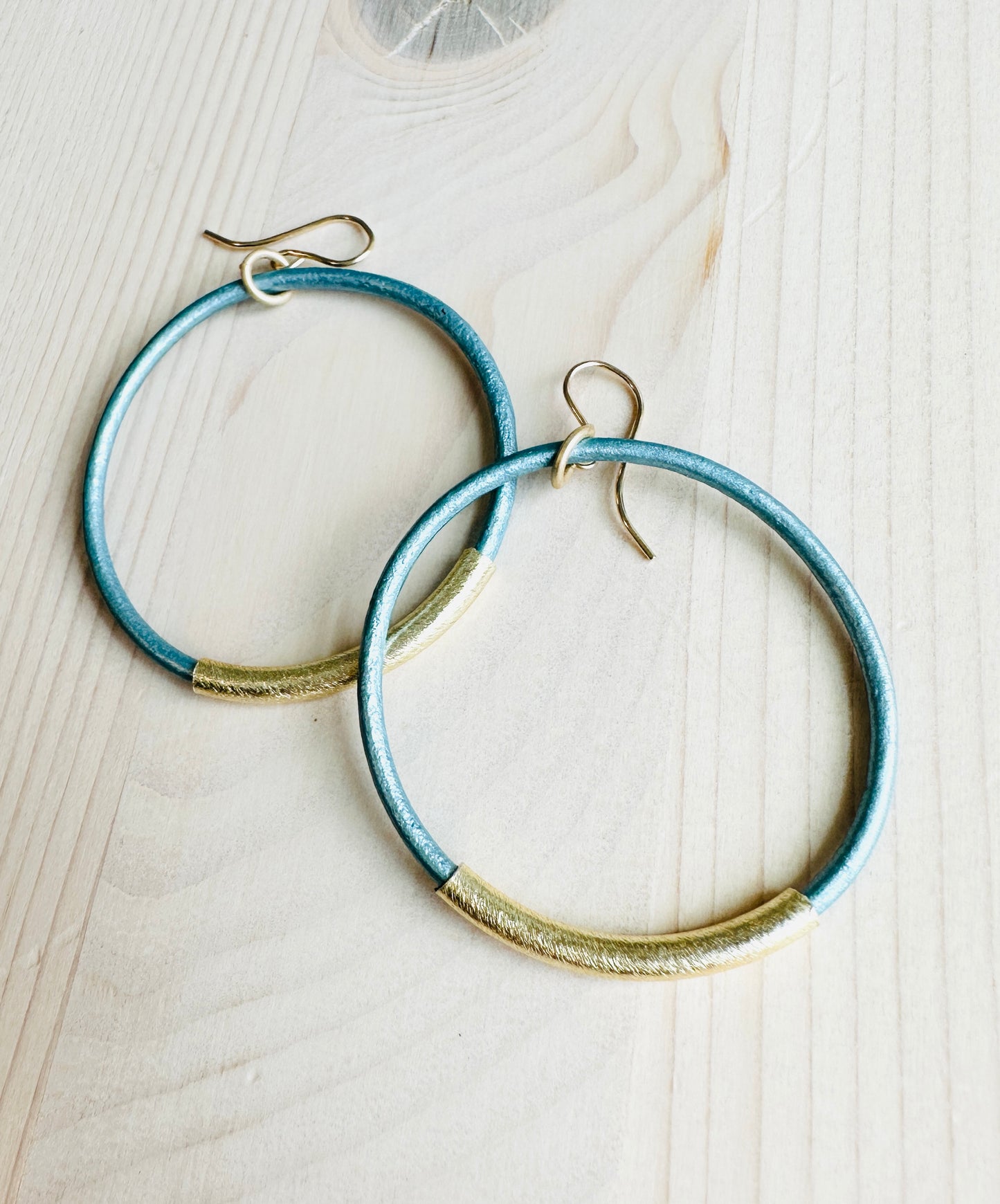 Metallic Light Blue Leather Hoops