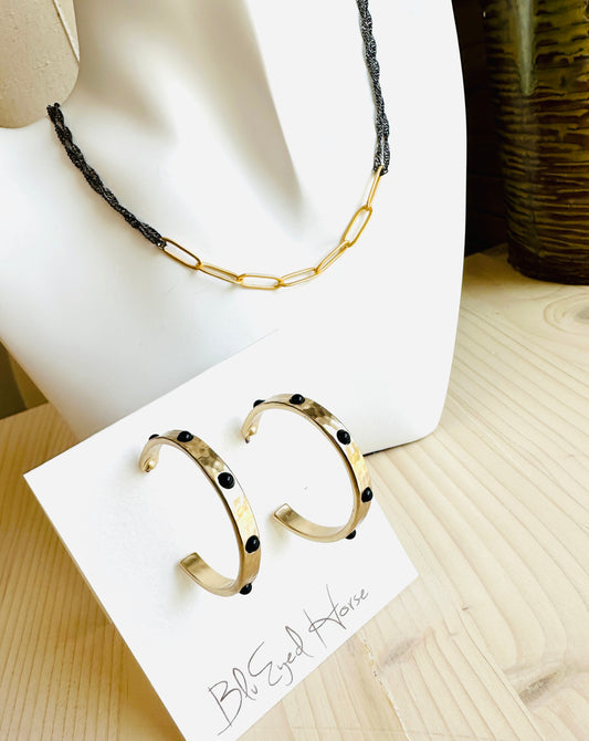 Hammered Gold & Black Stone Hoops