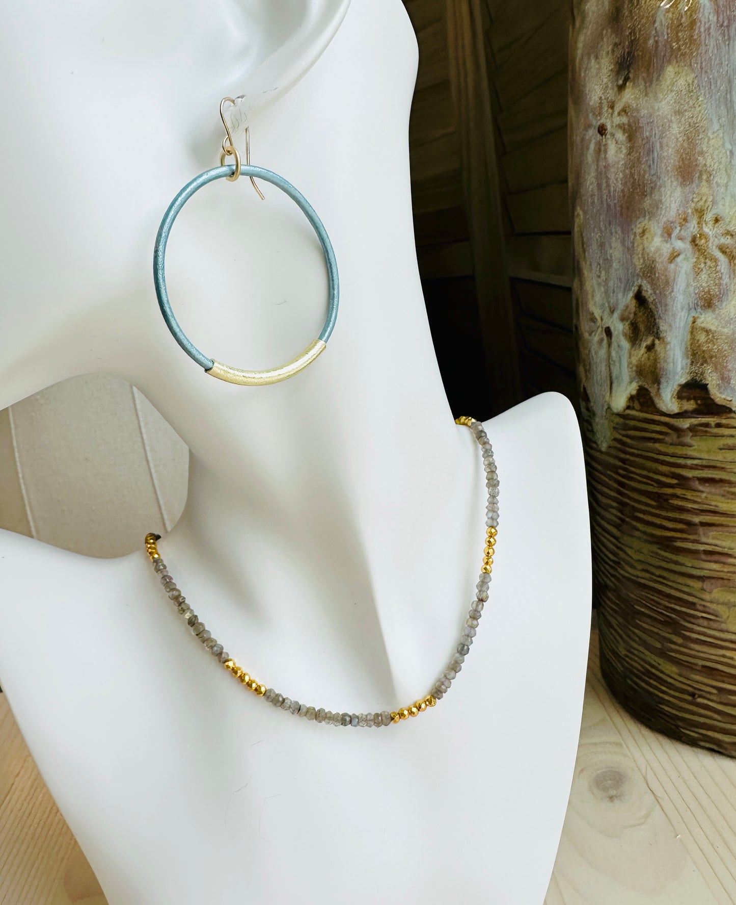 Metallic Light Blue Leather Hoops