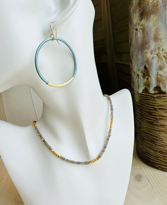 Metallic Light Blue Leather Hoops