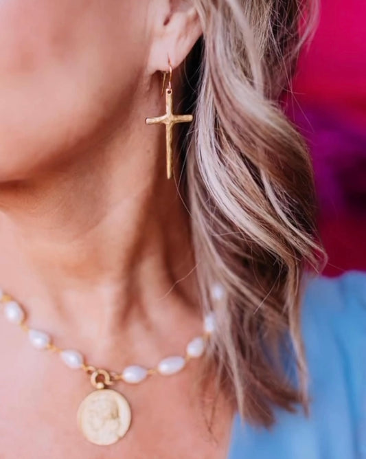 Gold Long Cross Earrings