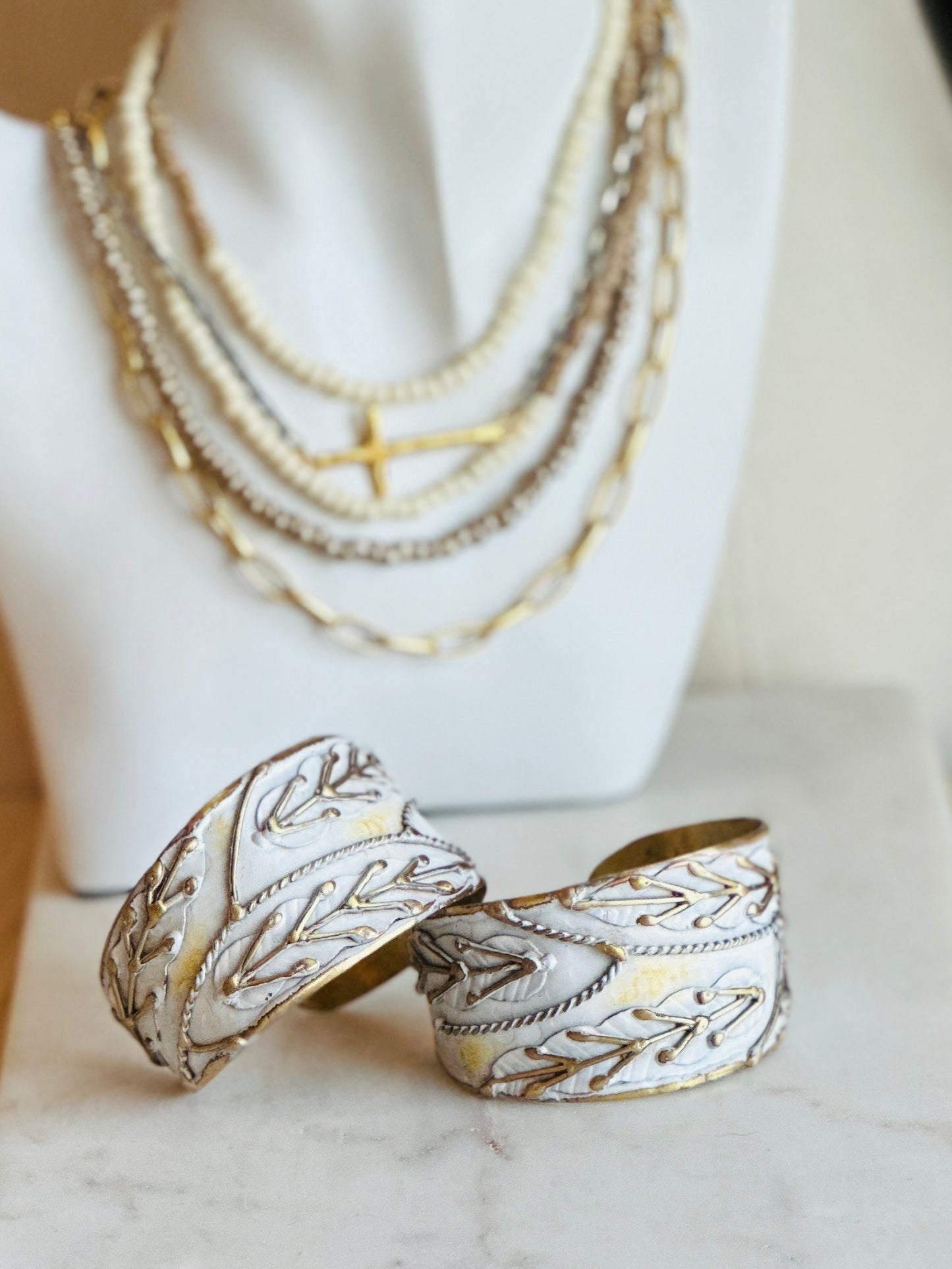 White Leaves Patina Cuff