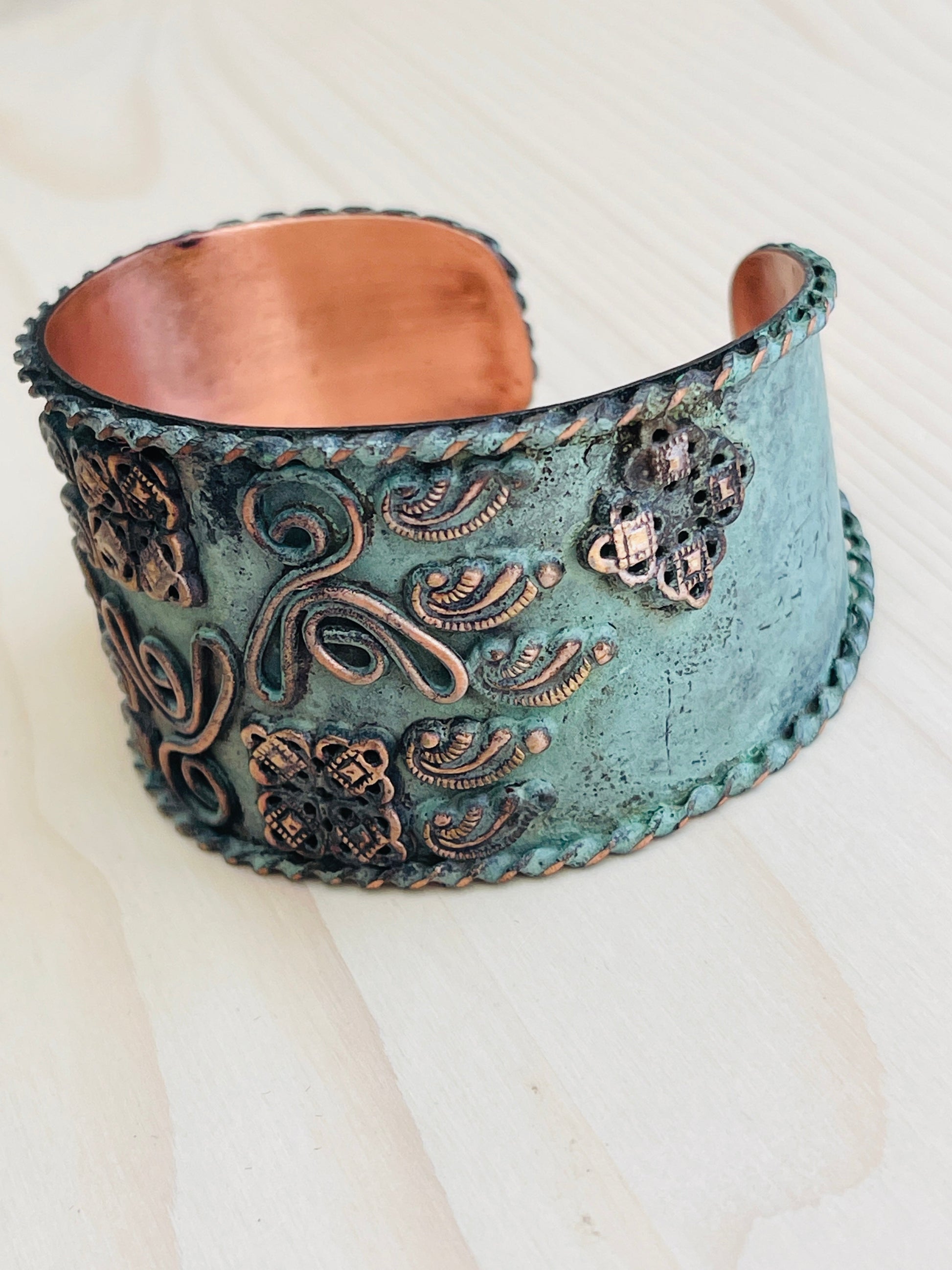 Handmade copper bracelet-cuff designed with a beautiful pale aqua turquoise patina finish
