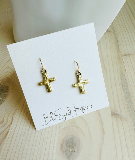 Small Hammered Cross Earrings-Gold