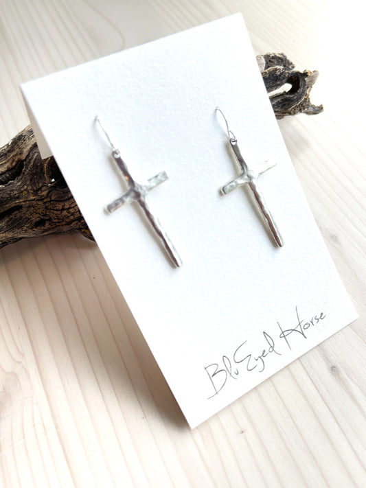 Silver Long Cross Earrings