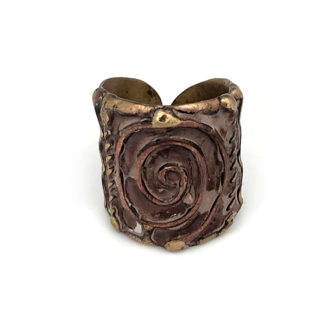 Handmade adjustable ring made of brass and copper with a vintage Mocha patina finish