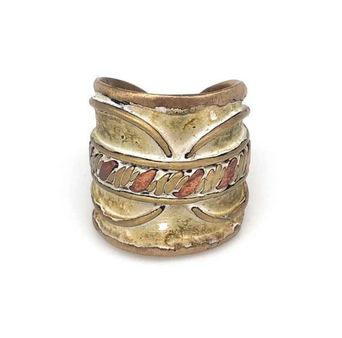 Handmade adjustable ring made of brass and copper with a vintage creamy patina finish.