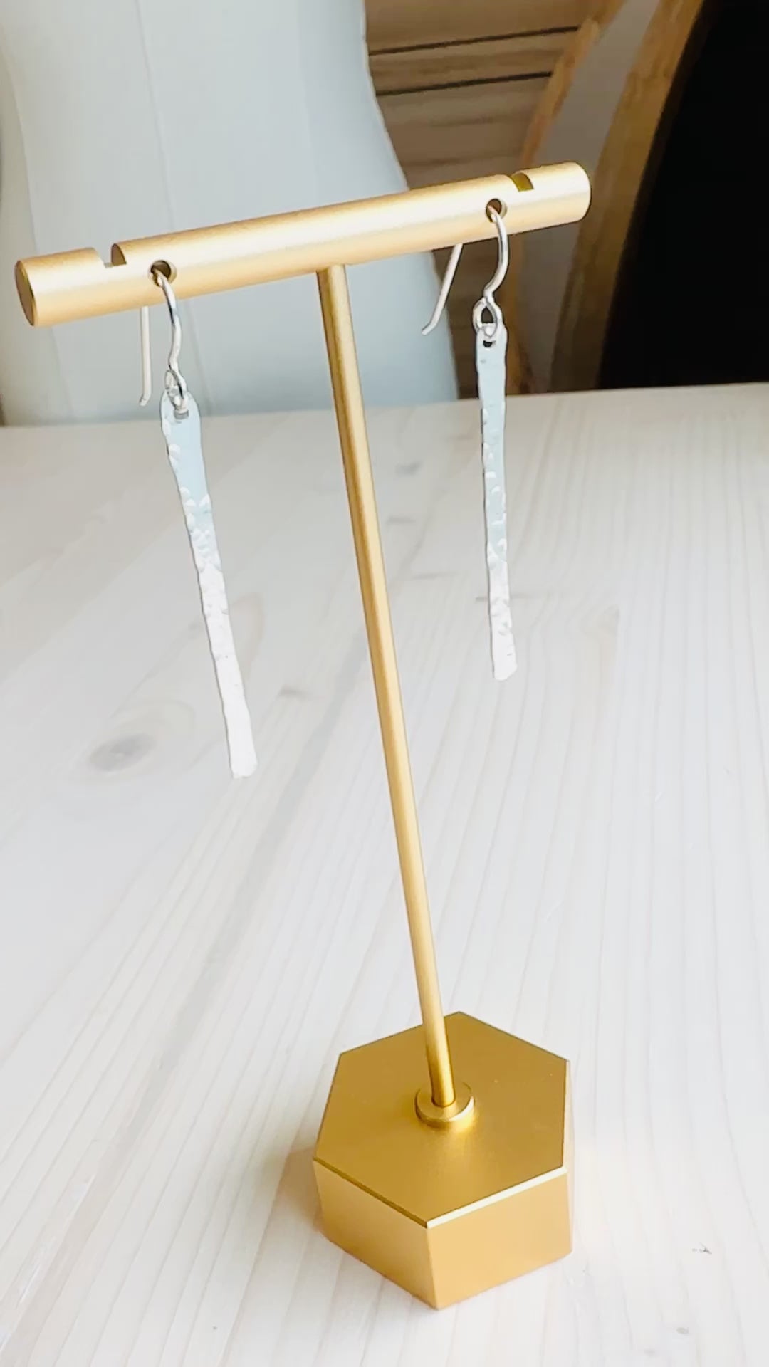 Video of Hammered Bar Earrings displayed on stand that are Handmade in the USA