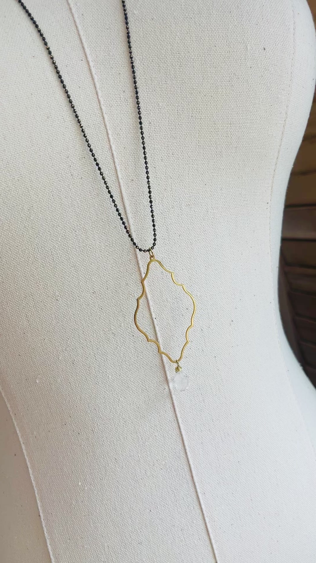 Video of Morocco Necklace Handmade in the USA on mannequin display. 