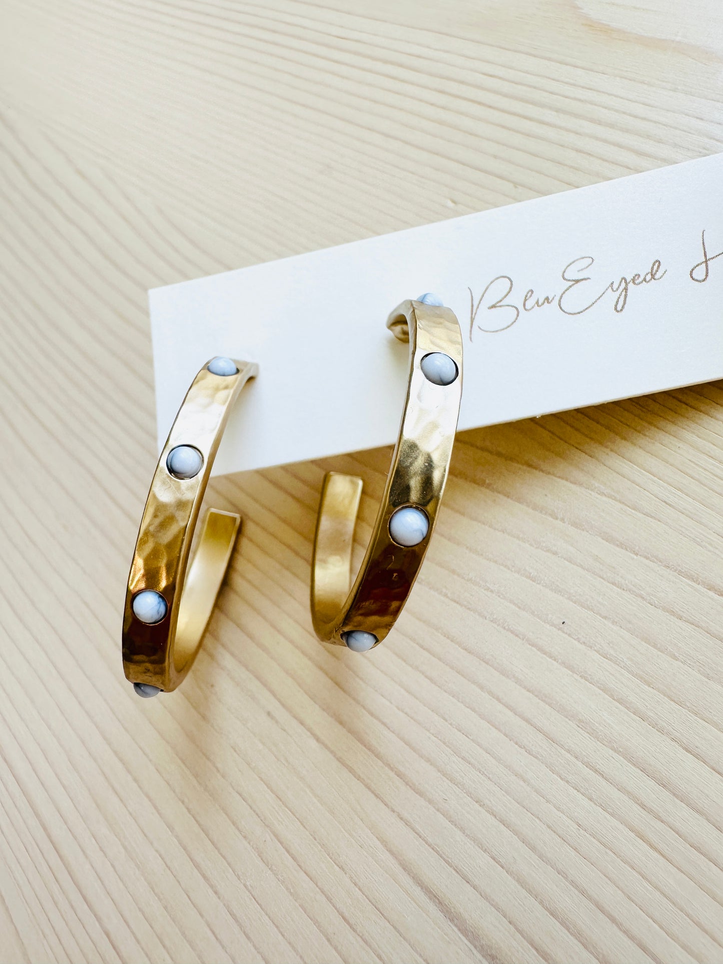 Hammered Gold & White Stone Hoops