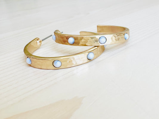 Hammered Gold & White Stone Hoops