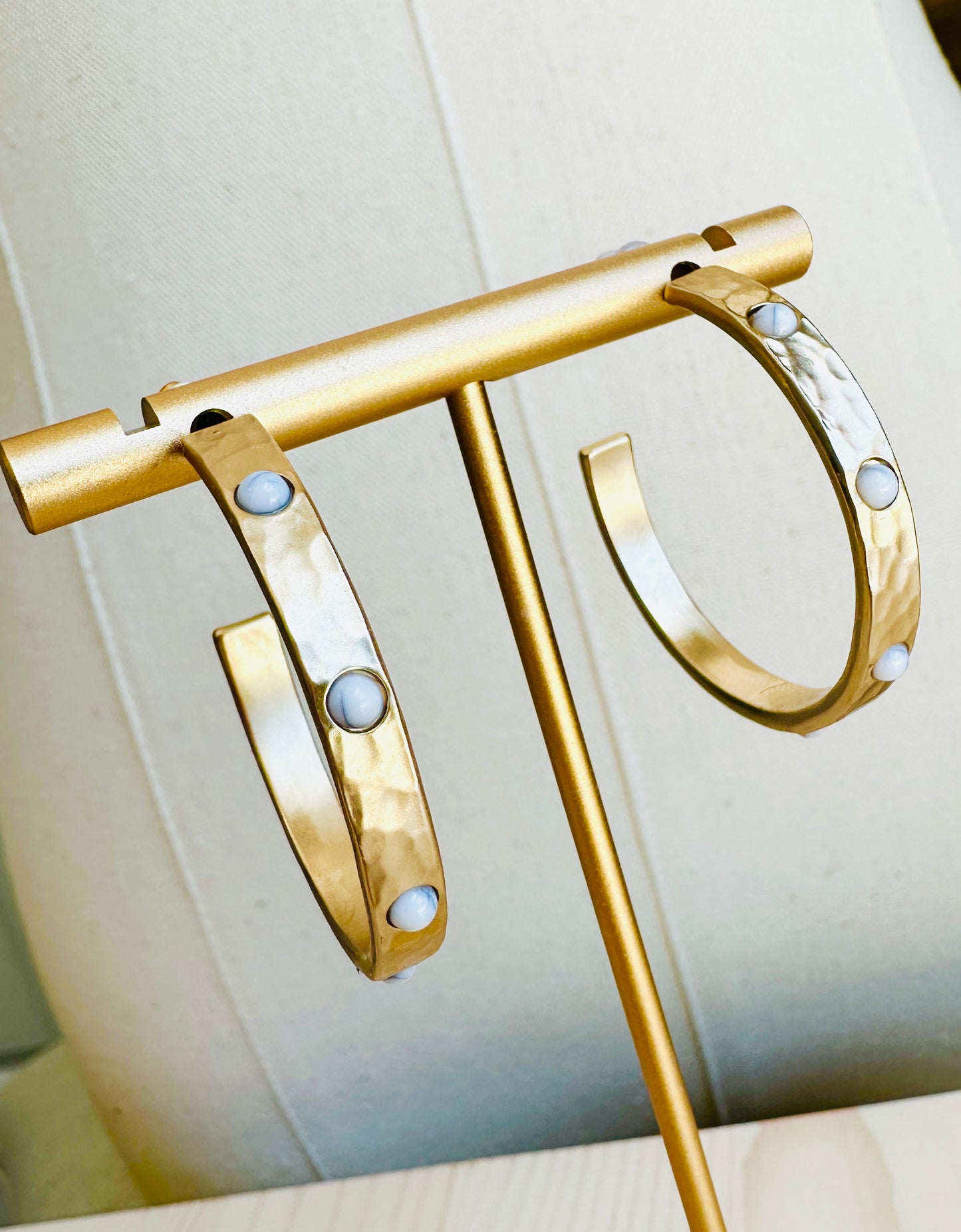 Hammered Gold & White Stone Hoops