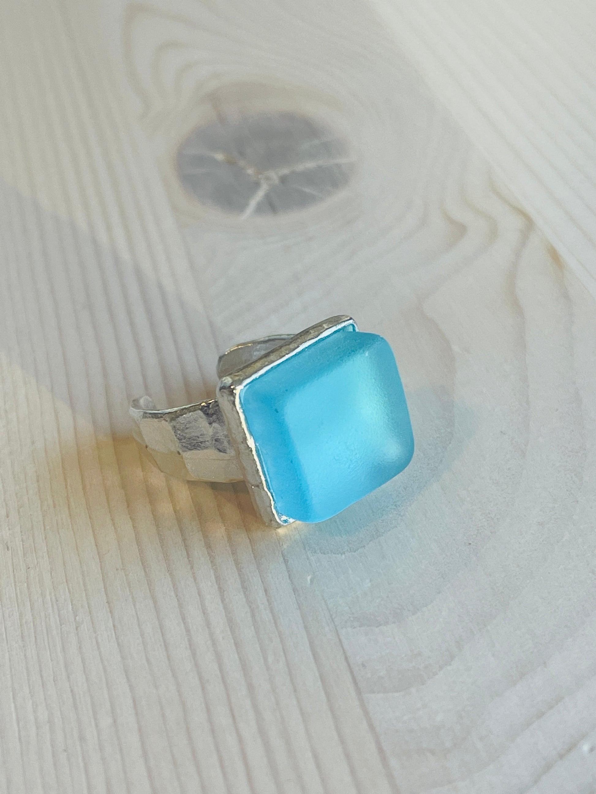 Silver Aqua Glass Ring Handmade in USA.