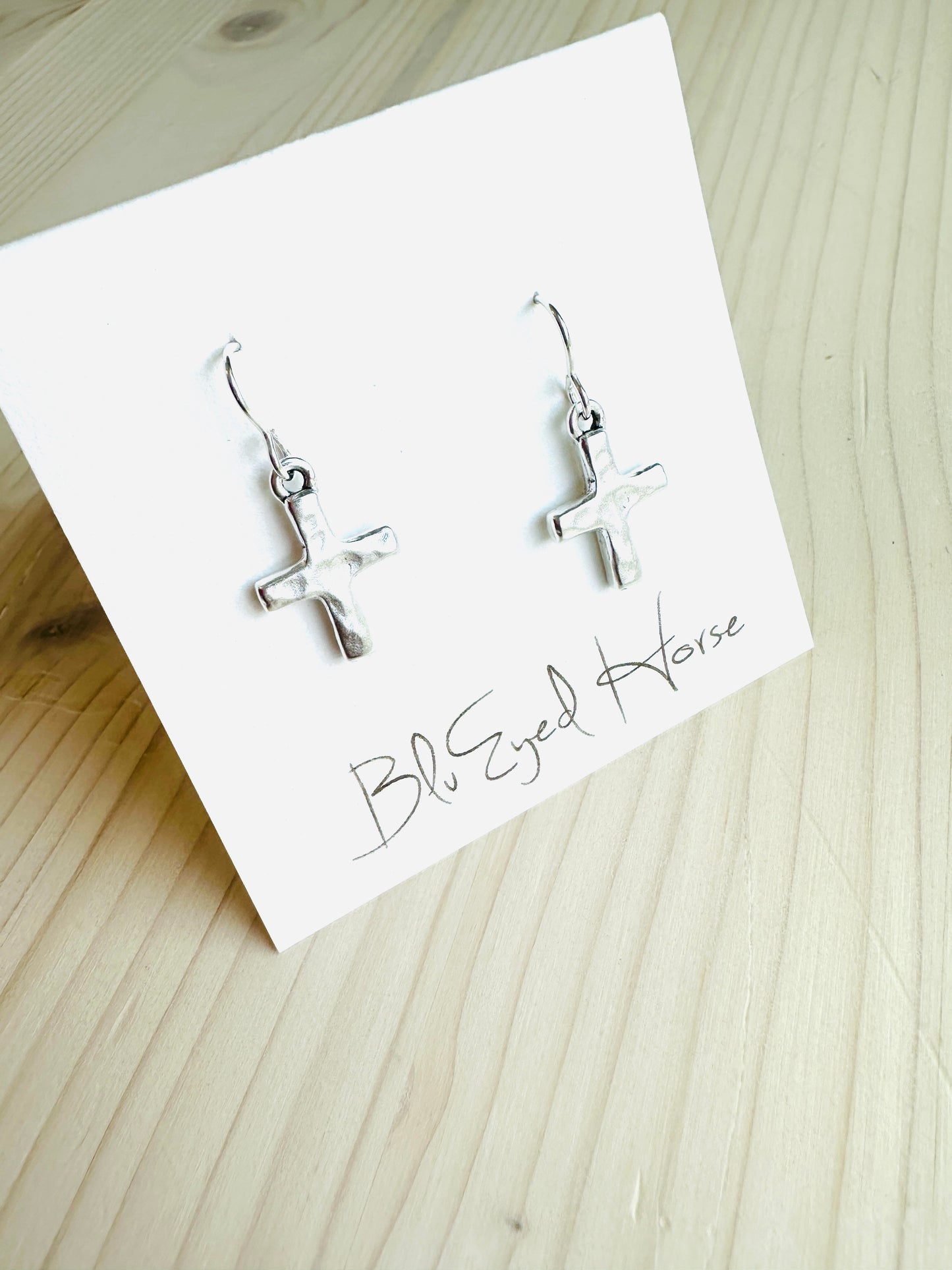 Small Hammered Cross Earrings- Silver