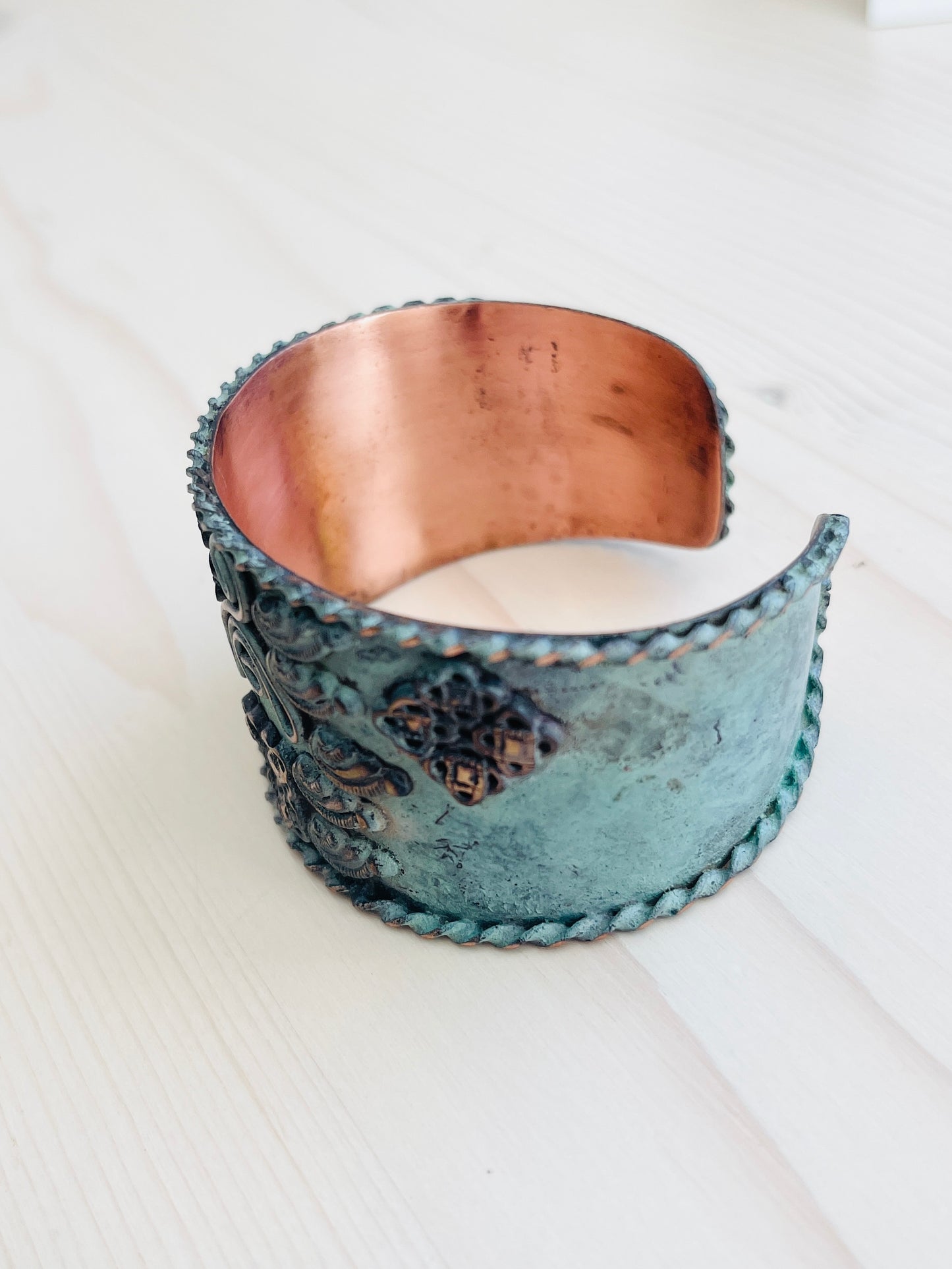 Handmade copper bracelet-cuff and designed with a beautiful pale aqua turquoise patina finish