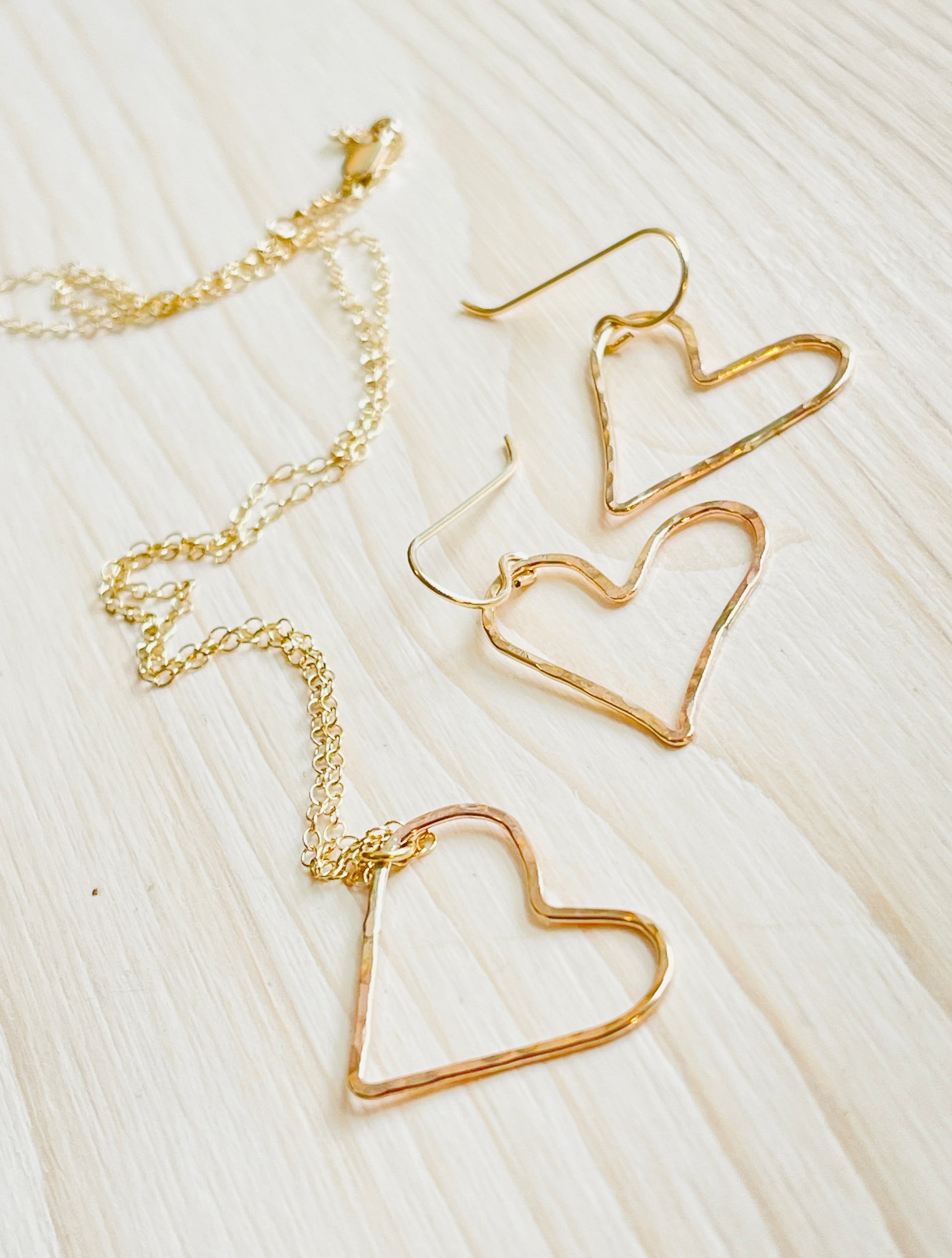 Gold Baby Heart Earrings with gold heard pendant necklace