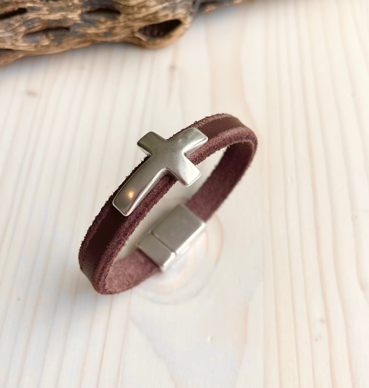 Silver Cross & Chocolate Leather Bracelet