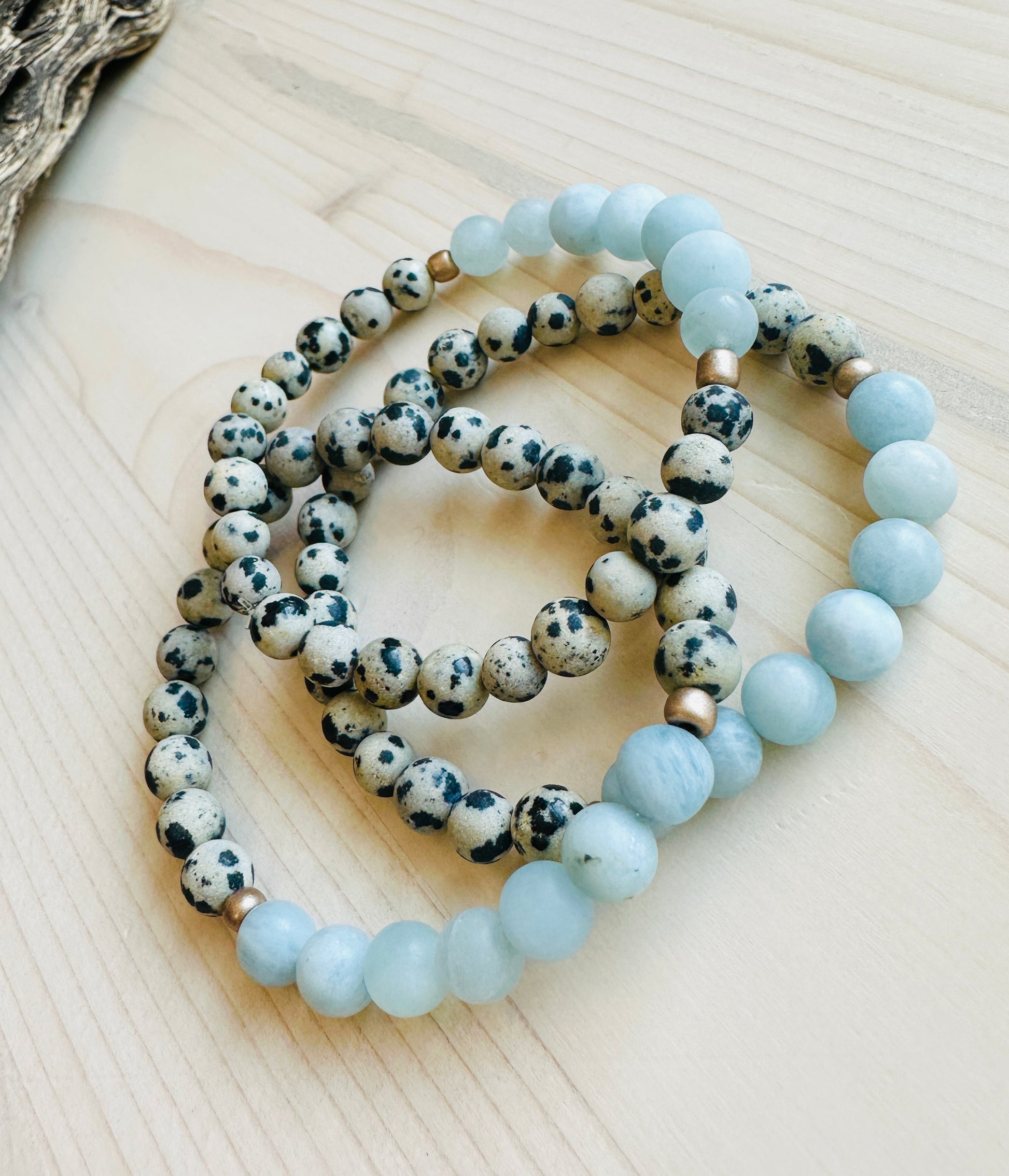 Three Multi Colored Stone Bracelets with black spots Handmade in the USA