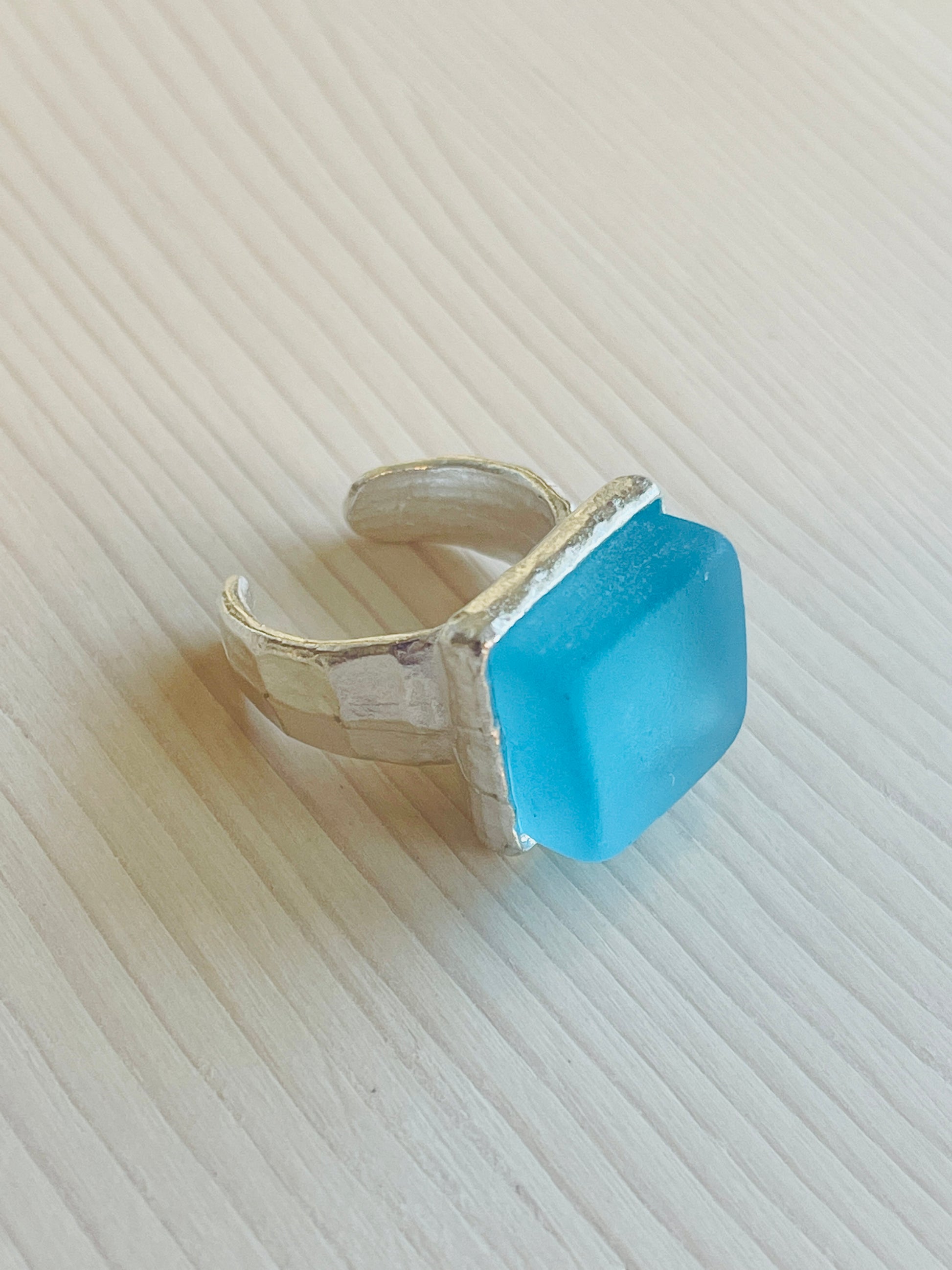 Silver Aqua Glass Ring Handmade in USA.