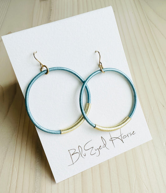 Metallic Light Blue Leather Hoops