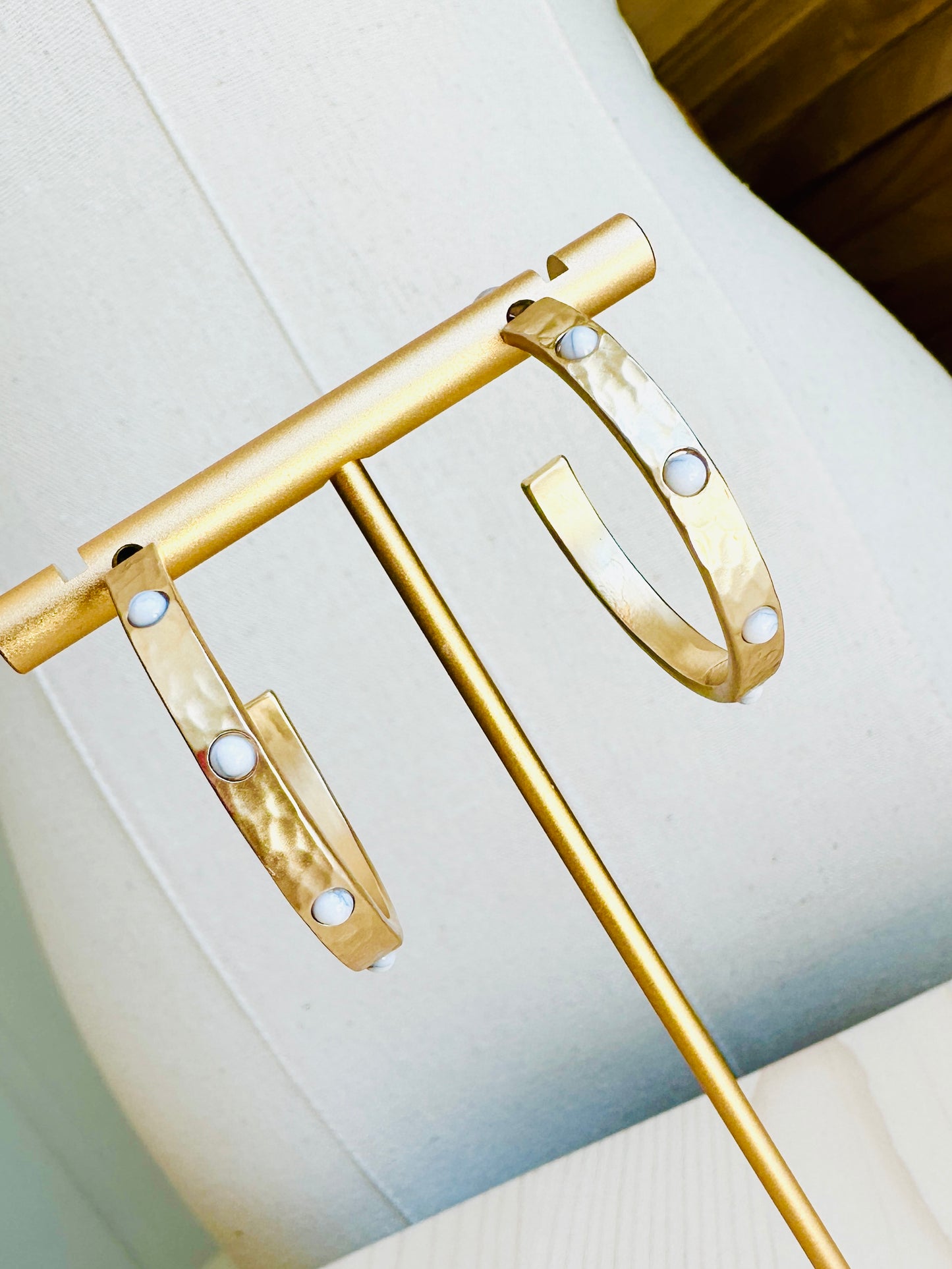 Hammered Gold & White Stone Hoops