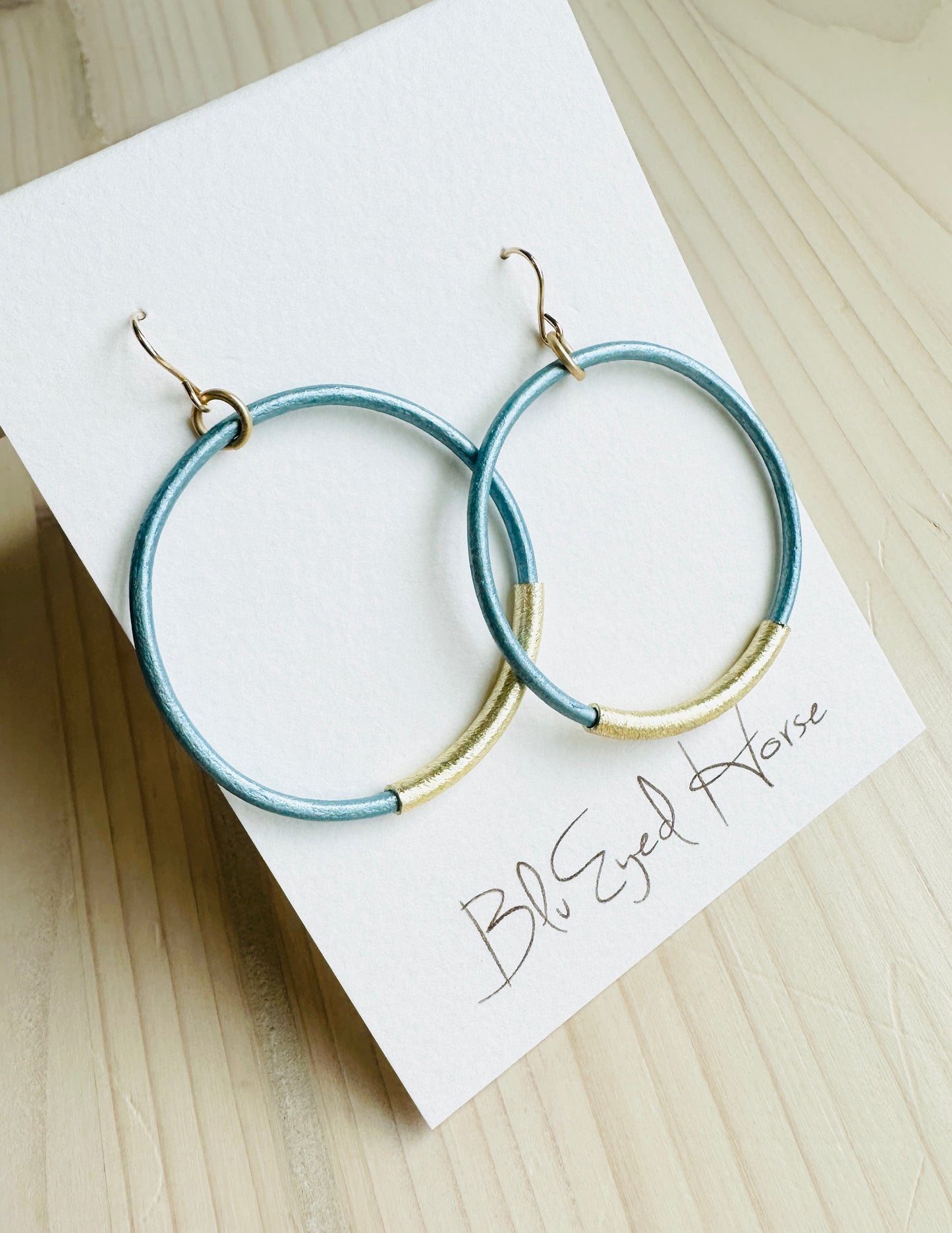 Metallic Light Blue Leather Hoops