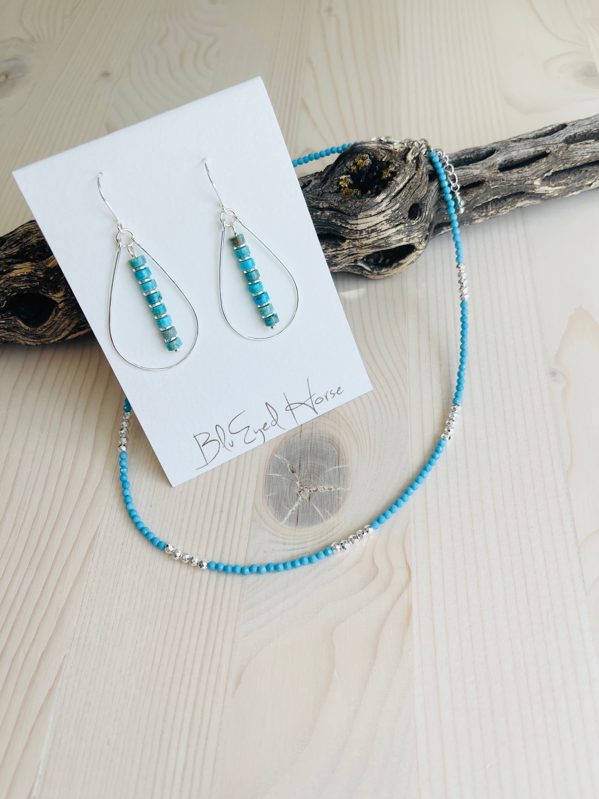 Dakota Choker Handmade in the USA by BluEyed Horse with tear drop earrings and driftwood