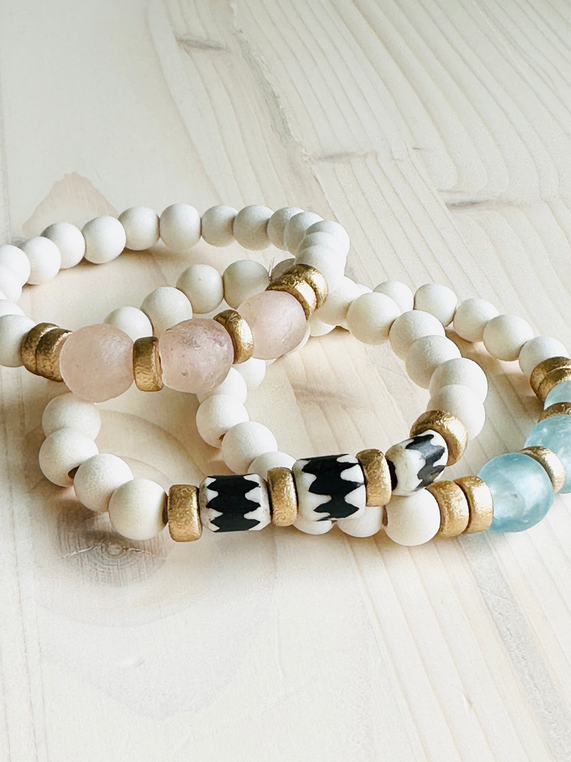 Blush, Ocean, and Zebra Batik Island Bracelets Handmade in the USA