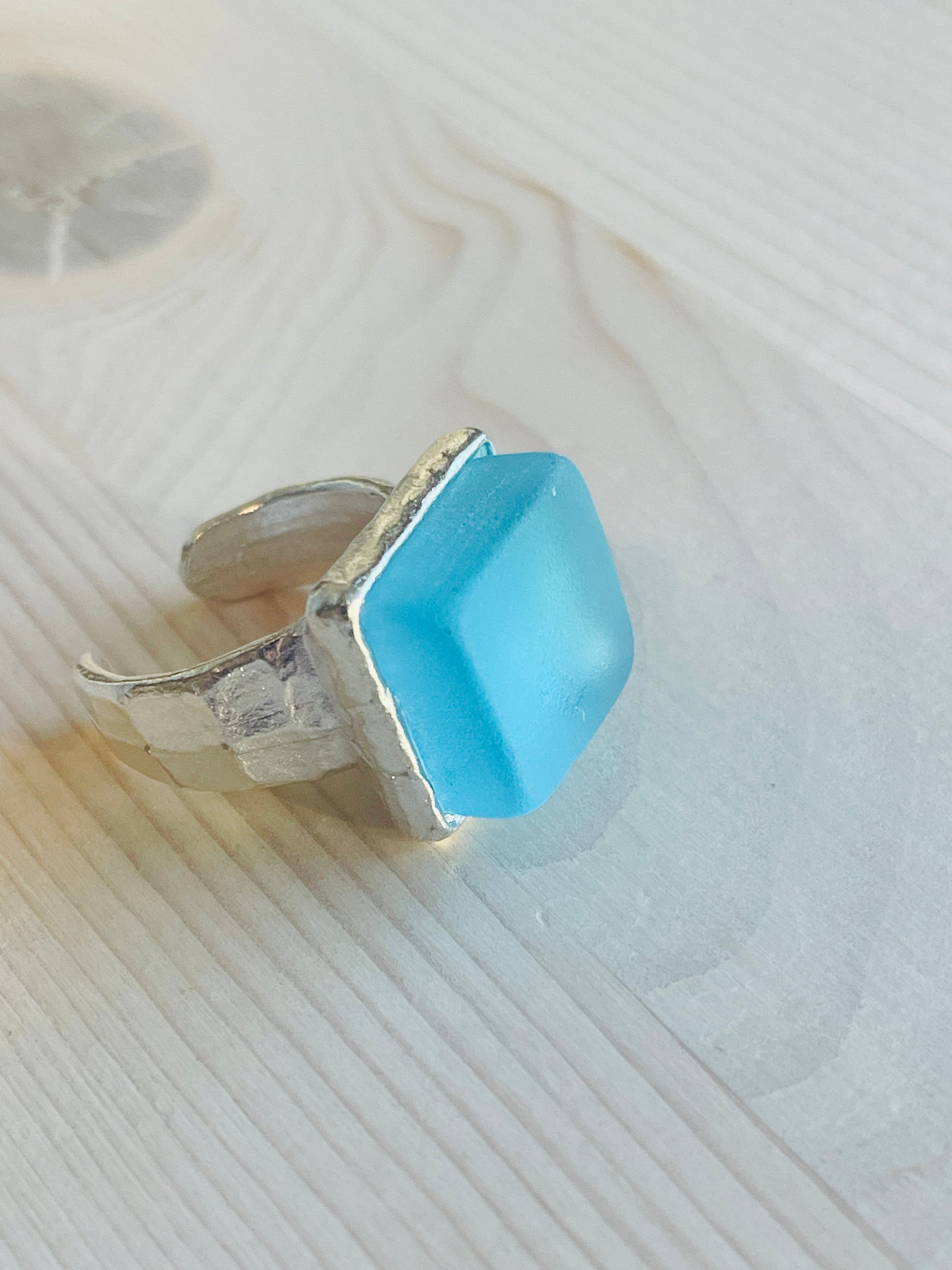 Silver Aqua Glass Ring Handmade in USA.