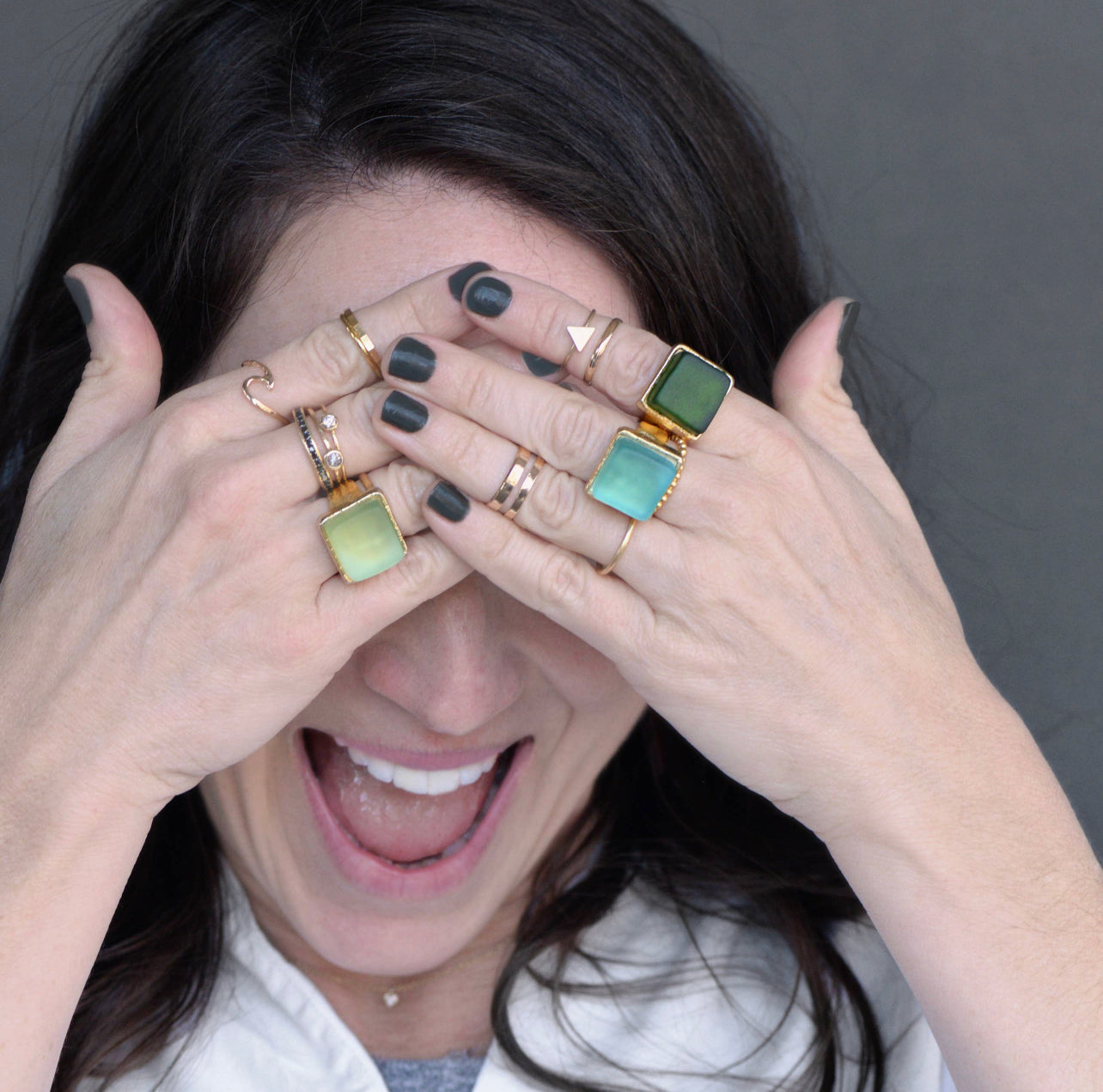 Woman wearing Gold Pastel Mosaic Glass Rings Handmade in the USA