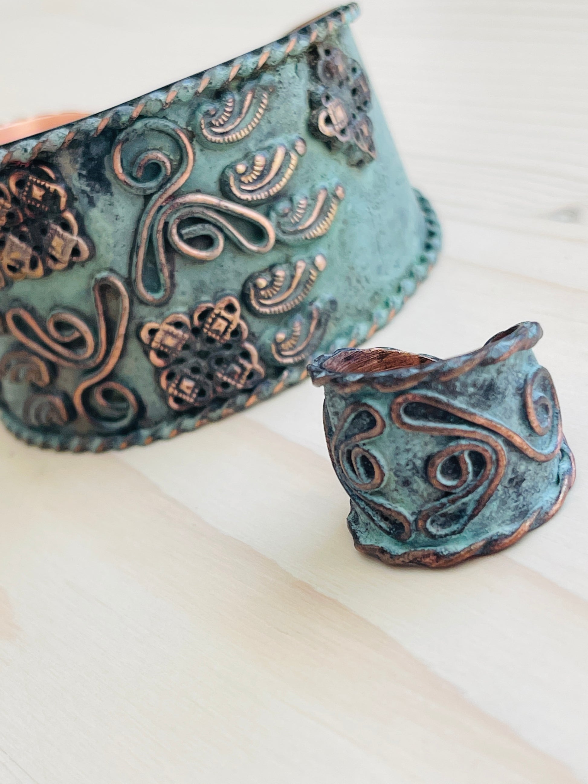 Handmade copper bracelet-cuff and ring designed with a beautiful pale aqua turquoise patina finish
