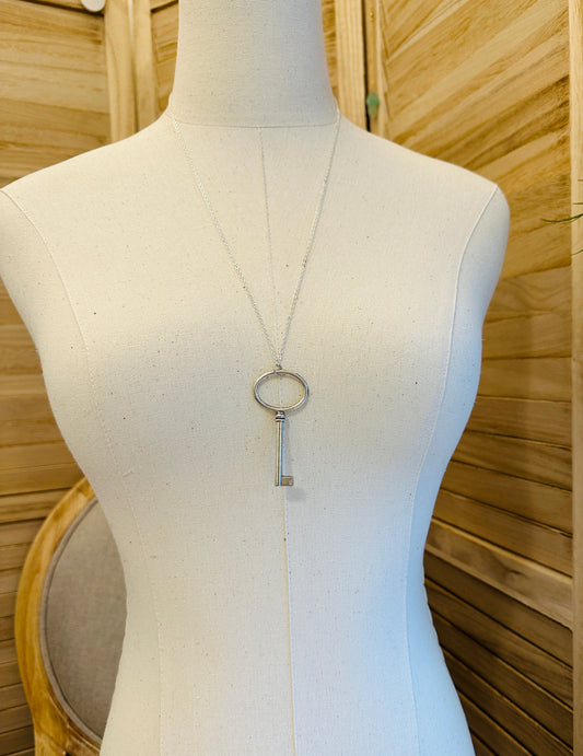 Vintage Key Necklace Handmade in the USA on mannequin display.