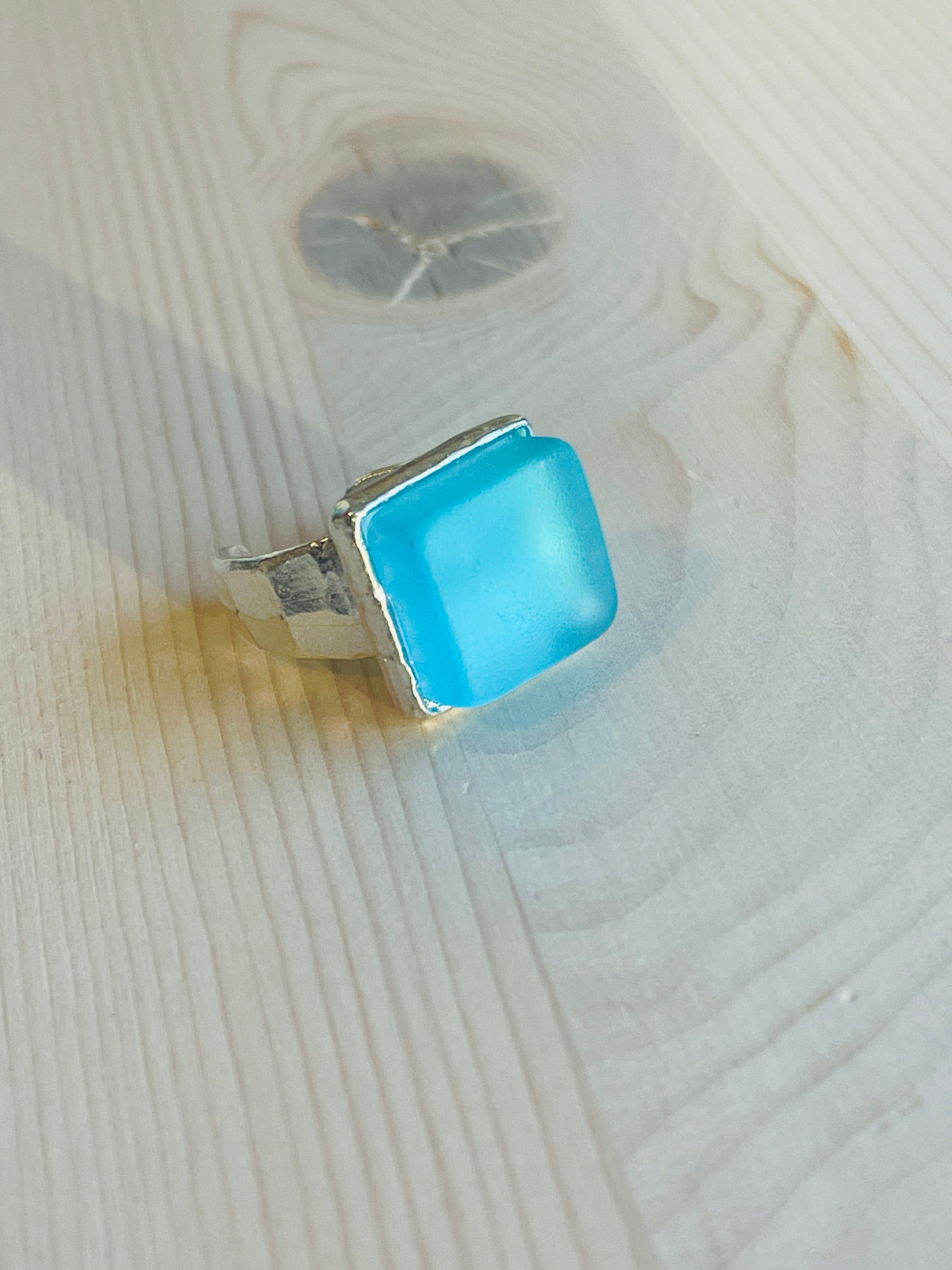 Silver Aqua Glass Ring Handmade in USA.