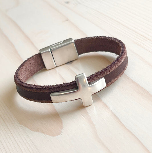 Silver Cross & Chocolate Leather Bracelet