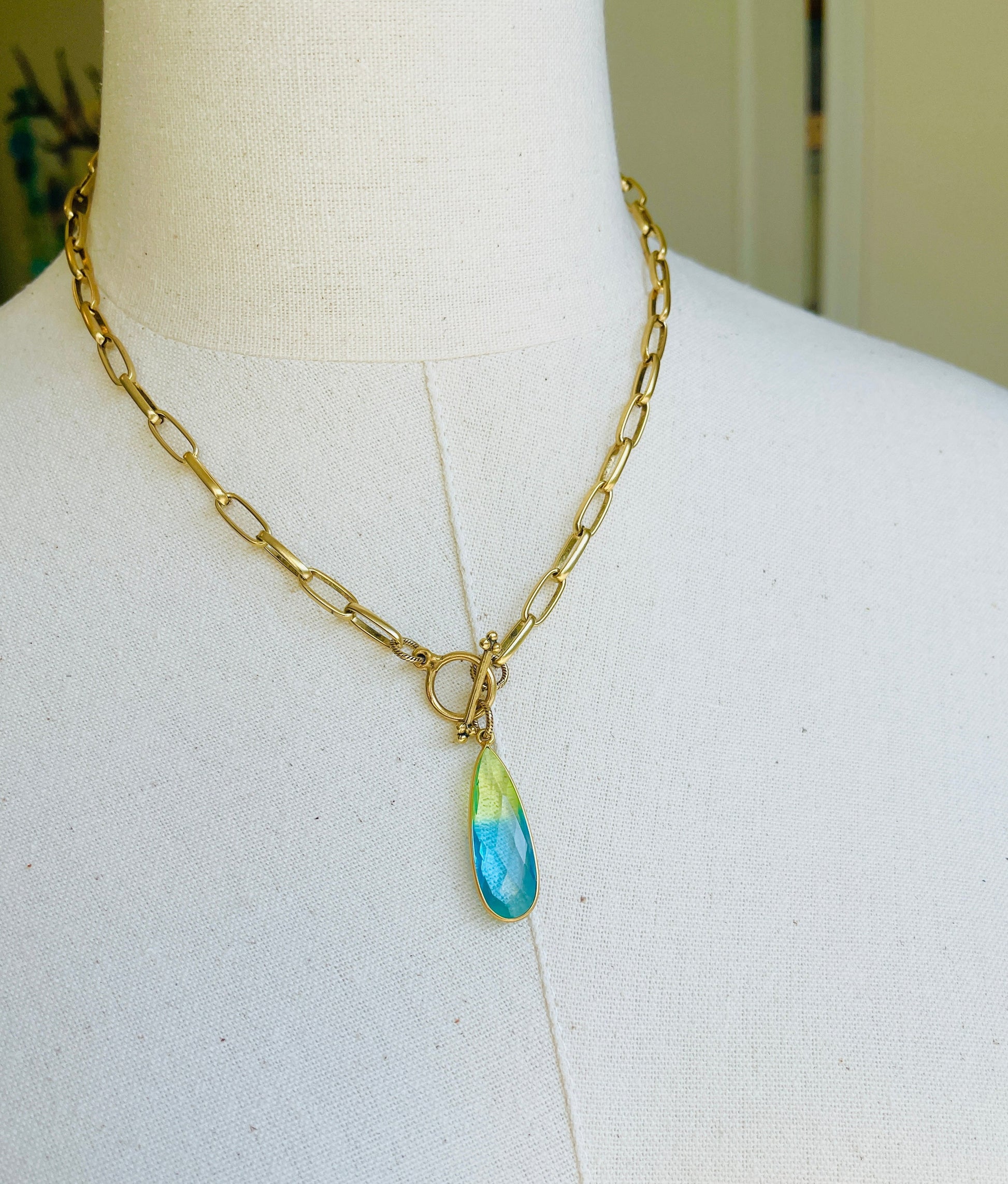 Ocean Quartz Necklace Handmade in the USA on mannequin display.